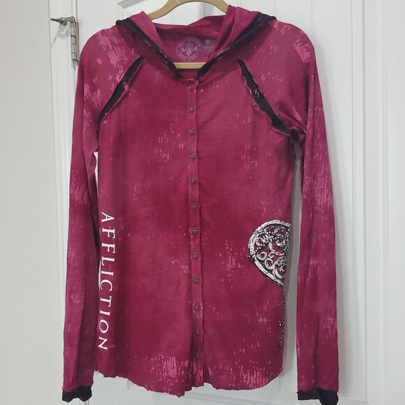 Affliction Ladies Maroon Button Up Hoodie Sweatshirt size Large - Picture 1 of 7